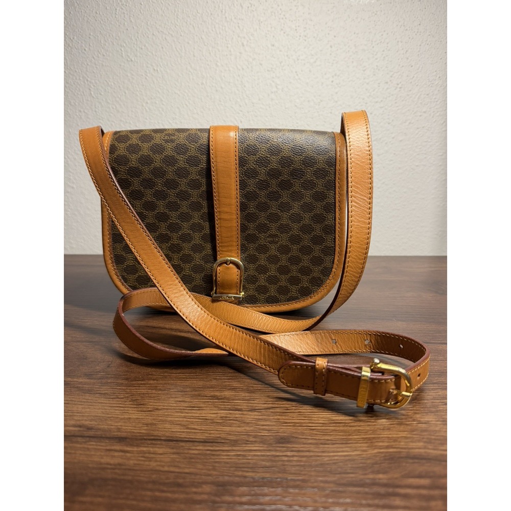 CELINE Macadam Shoulder Bag Brown Leather canvas Crossbody Gold tone hardware